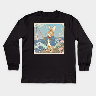 Funny Fishing Vintage Rabbit Fishermen Brown Bunny Relaxing Kids Long Sleeve T-Shirt